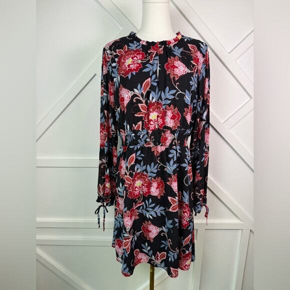 LOFT Dresses & Skirts - NWT LOFT Floral Smocked Waist Long Sleeve Mini Dress Black Red Blue Size 8